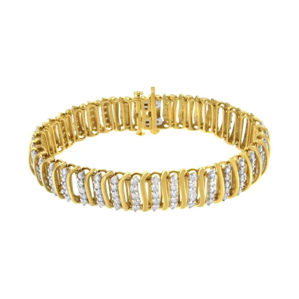 10k Yellow Gold Over.925 Sterling Silver 5.0 Cttw Diamond s Shaped Wave Link Two Tone 7” Tennis Bracelet (i-j Color