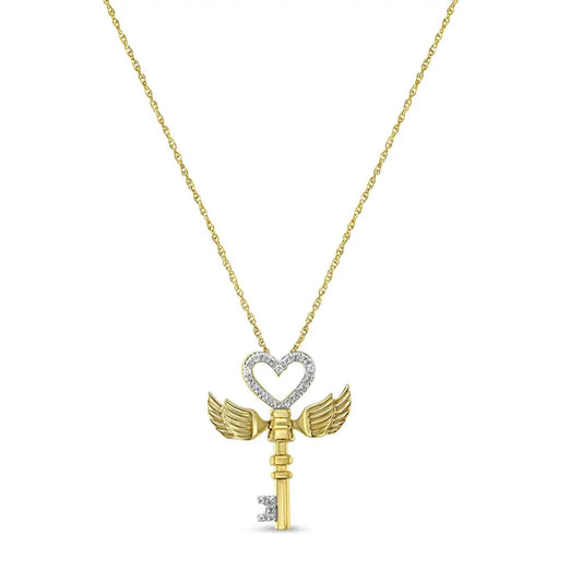 10k Yellow Gold Over.925 Sterling Silver Diamond Accented Heart Angel Wing Key to Heaven 18’’ Rope Chain Pendant