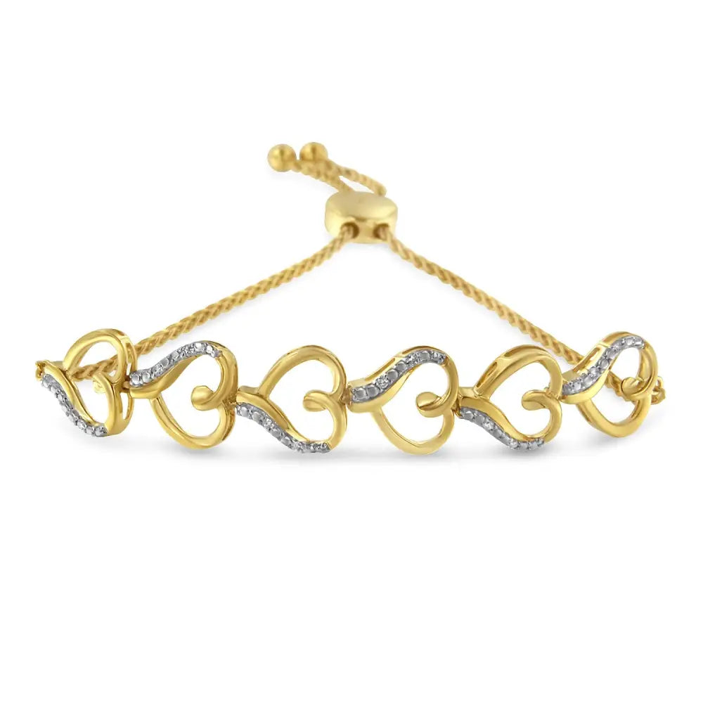 10k Yellow Gold Over.925 Sterling Silver Diamond Accented Open Hearts 6”-9” Adjustable Chain Bolo Bracelet (h-i