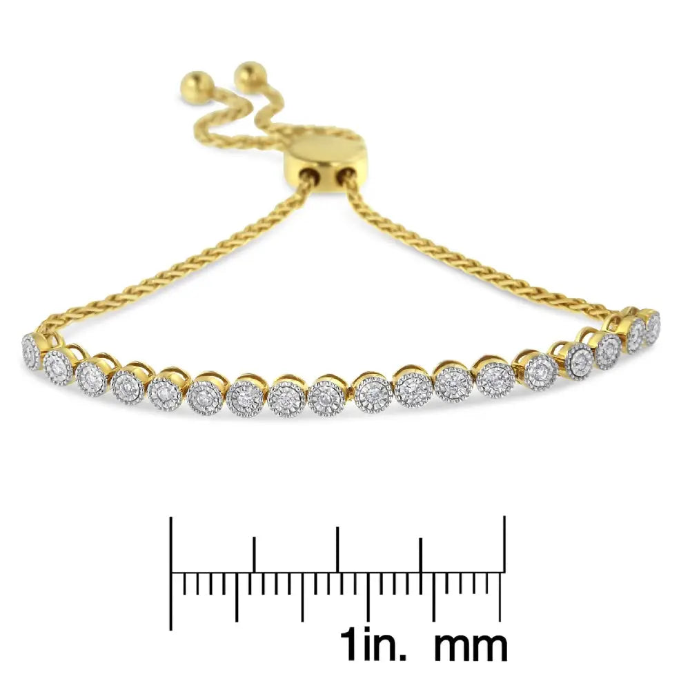 10k Yellow Gold Over.925 Sterling Silver Miracle-set Diamond Accented 6”-9” Adjustable Beaded Tennis Bolo Bracelet