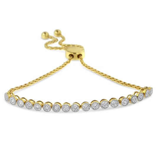 10k Yellow Gold Over.925 Sterling Silver Miracle-set Diamond Accented 6”-9” Adjustable Beaded Tennis Bolo Bracelet