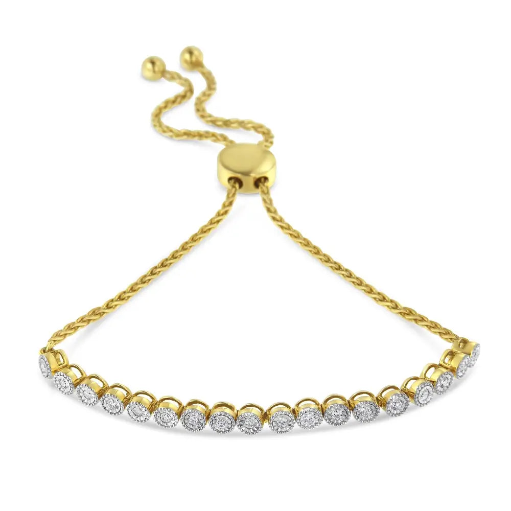 10k Yellow Gold Over.925 Sterling Silver Miracle-set Diamond Accented 6”-9” Adjustable Beaded Tennis Bolo Bracelet