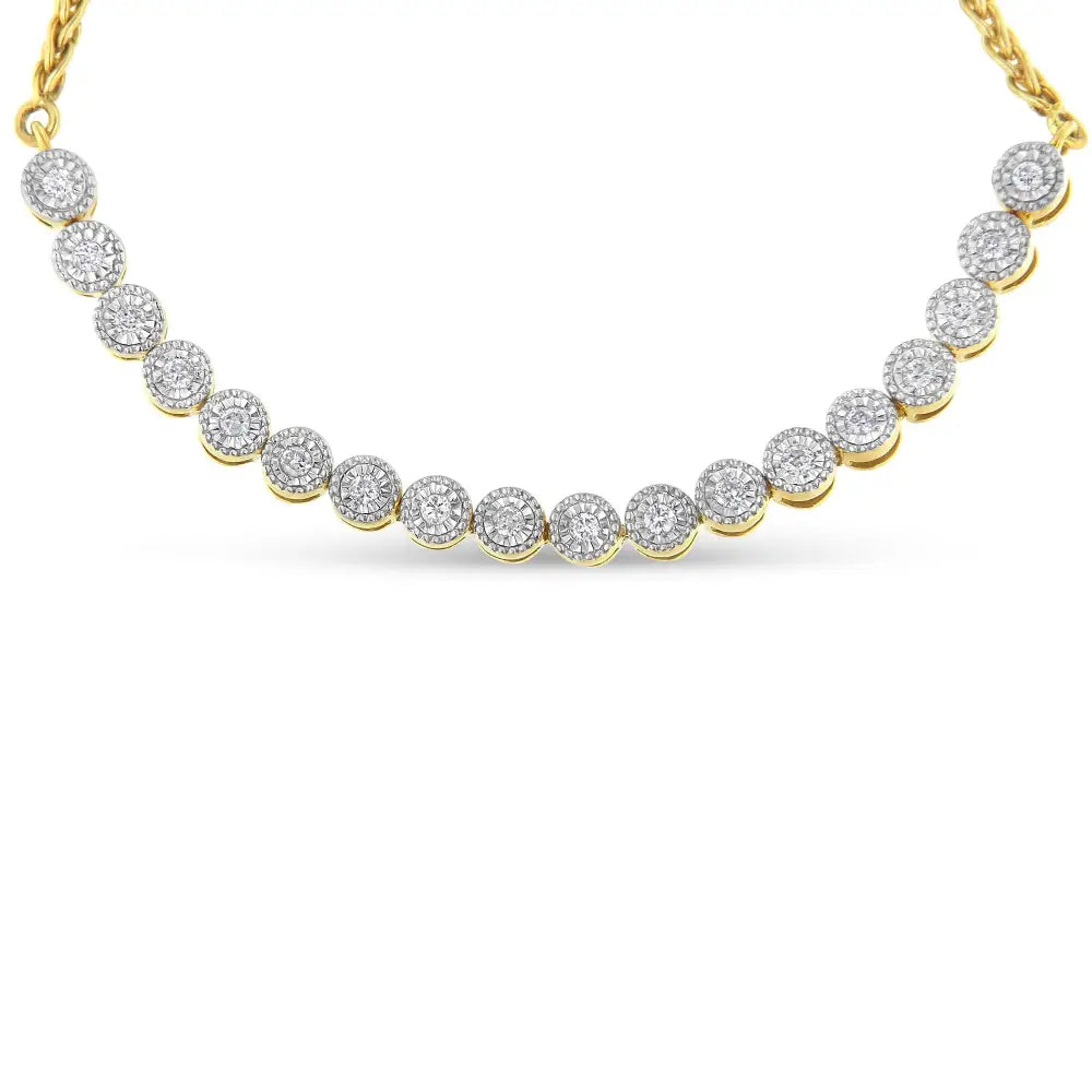 10k Yellow Gold Over.925 Sterling Silver Miracle-set Diamond Accented 6”-9” Adjustable Beaded Tennis Bolo Bracelet