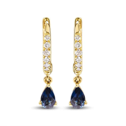 10k Yellow Gold Pear Blue Sapphire and 1/10 Cttw Diamond Drop Dangle Huggy Hoop Earrings (h-i Color I1-i2 Clarity)