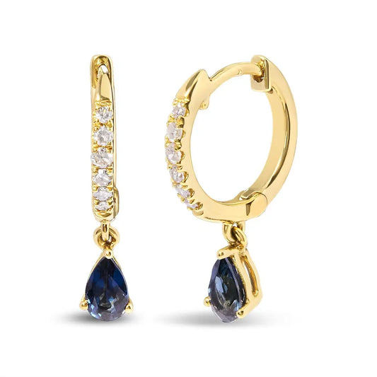 10k Yellow Gold Pear Blue Sapphire and 1/10 Cttw Diamond Drop Dangle Huggy Hoop Earrings (h-i Color I1-i2 Clarity)