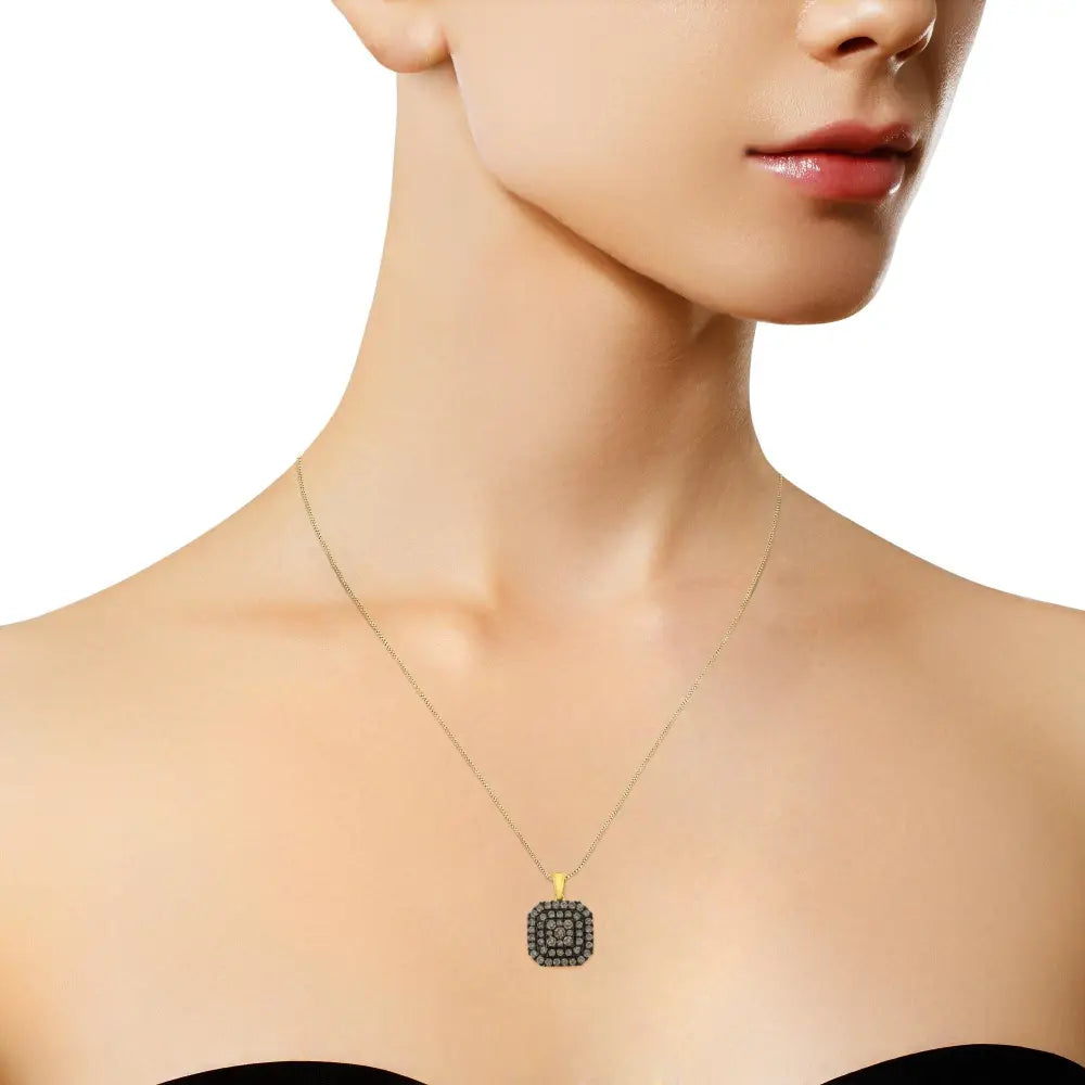 10k Yellow Gold Plated.925 Sterling Silver 1.0 Cttw Black Rhodium Diamond Halo 18’’ Pendant Necklace (j-k Color