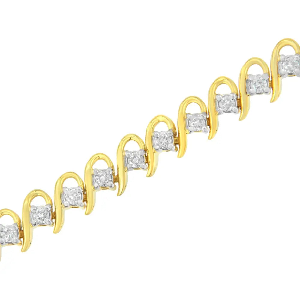 10k Yellow Gold Plated.925 Sterling Silver 1.0 Cttw Diamond Alternating Wave and Round Link Tennis Bracelet (i-j Color