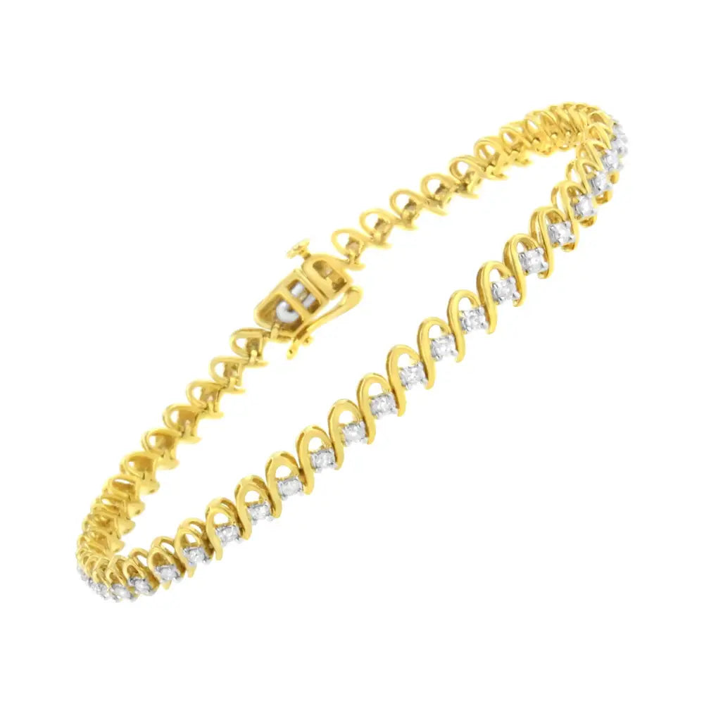 10k Yellow Gold Plated.925 Sterling Silver 1.0 Cttw Diamond Alternating Wave and Round Link Tennis Bracelet (i-j Color