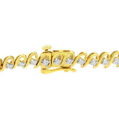 10k Yellow Gold Plated.925 Sterling Silver 1.0 Cttw Diamond Alternating Wave and Round Link Tennis Bracelet (i-j Color