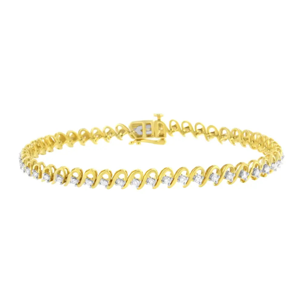 10k Yellow Gold Plated.925 Sterling Silver 1.0 Cttw Diamond Alternating Wave and Round Link Tennis Bracelet (i-j Color