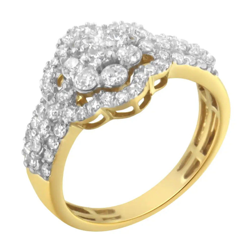 10k Yellow Gold Plated.925 Sterling Silver 1.0 Cttw Diamond Flower Cluster Open Halo Floral Ring (j-k Color I2-i3