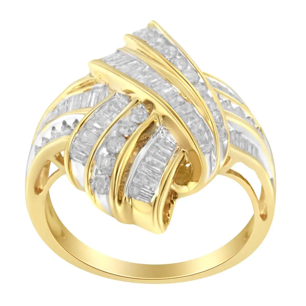 10k Yellow Gold Plated.925 Sterling Silver 1.0 Cttw Round & Baguette Diamond Knot Channel Statement Ring (i-j Color