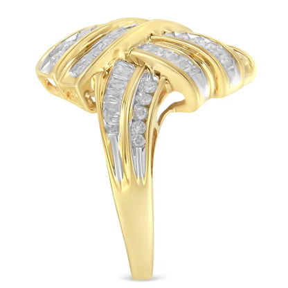 10k Yellow Gold Plated.925 Sterling Silver 1.0 Cttw Round & Baguette Diamond Knot Channel Statement Ring (i-j Color