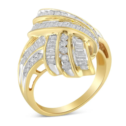 10k Yellow Gold Plated.925 Sterling Silver 1.0 Cttw Round & Baguette Diamond Knot Channel Statement Ring (i-j Color