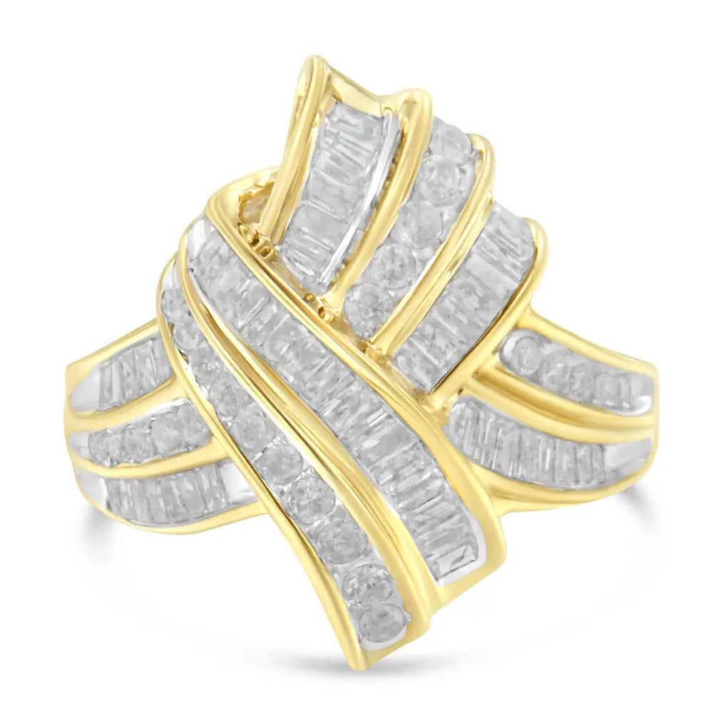 10k Yellow Gold Plated.925 Sterling Silver 1.0 Cttw Round & Baguette Diamond Knot Channel Statement Ring (i-j Color