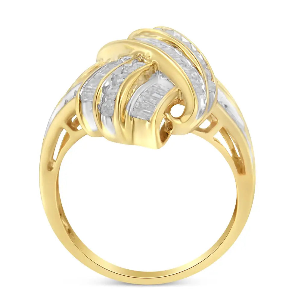 10k Yellow Gold Plated.925 Sterling Silver 1.0 Cttw Round & Baguette Diamond Knot Channel Statement Ring (i-j Color