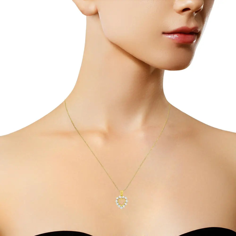 10k Yellow Gold Plated.925 Sterling Silver 1.00 Cttw Diamond Halo Open Heart 18’’ Pendant Necklace (l-m Color I1-i2