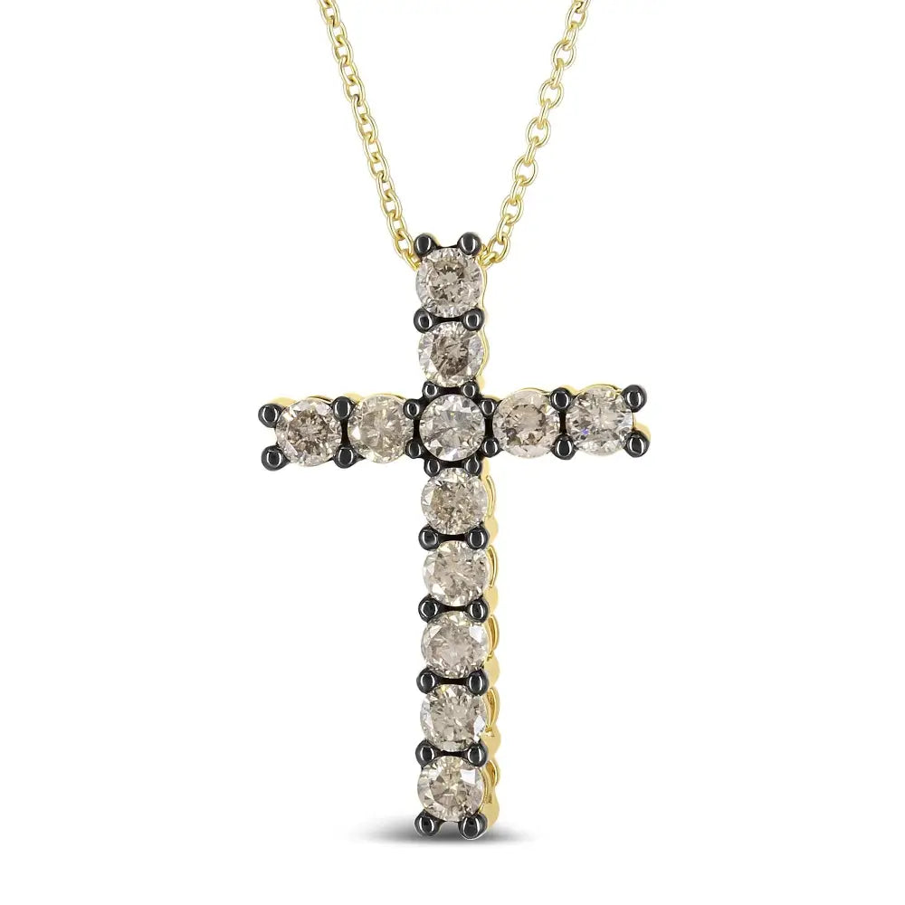 10k Yellow Gold Plated.925 Sterling Silver 1.00 Cttw Traditional Diamond Cross 18’’ Pendant Necklace (champagne