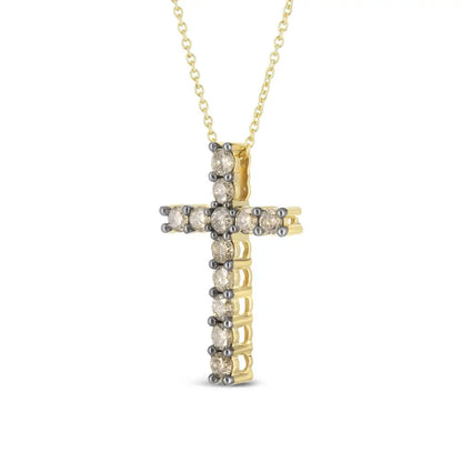 10k Yellow Gold Plated.925 Sterling Silver 1.00 Cttw Traditional Diamond Cross 18’’ Pendant Necklace (champagne