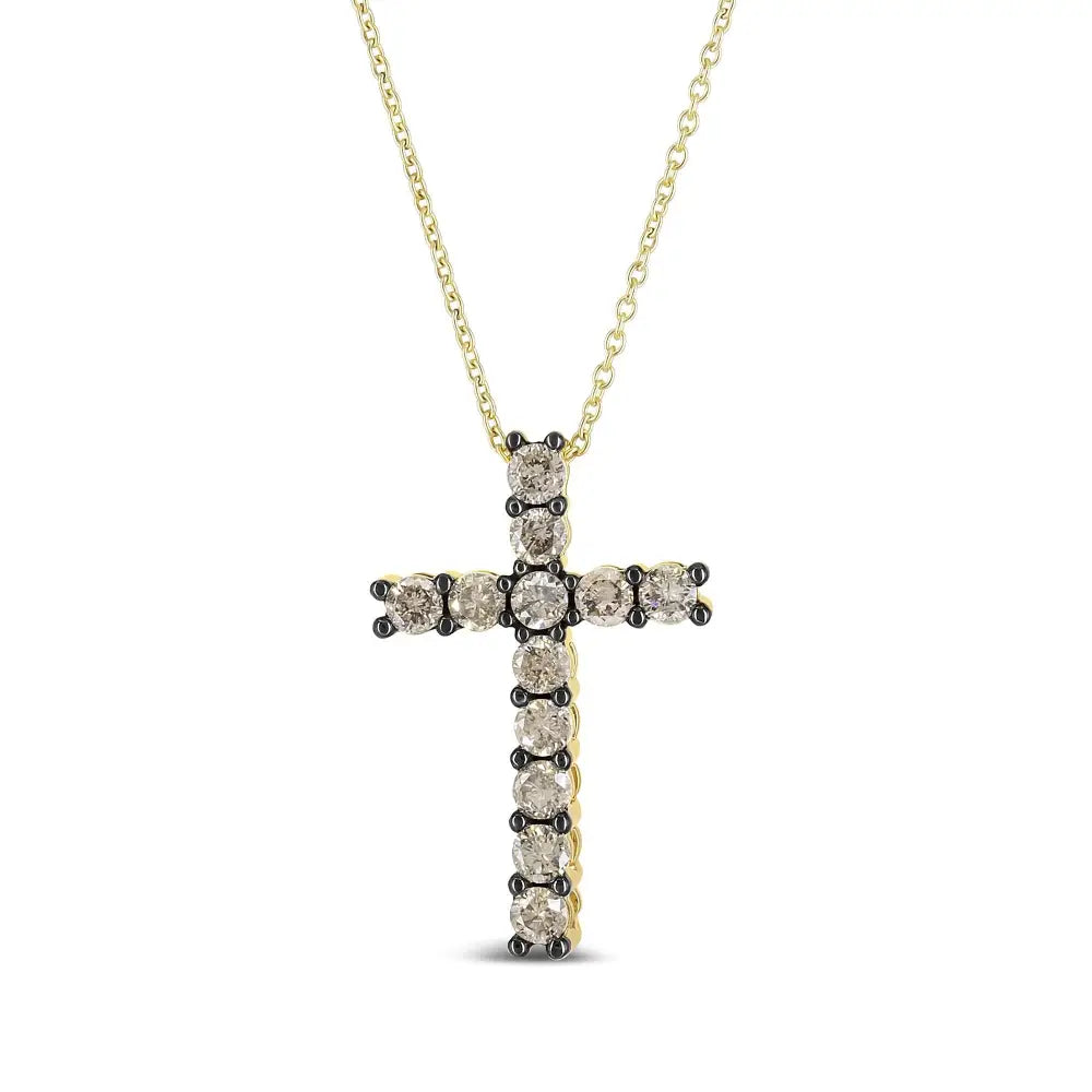 10k Yellow Gold Plated.925 Sterling Silver 1.00 Cttw Traditional Diamond Cross 18’’ Pendant Necklace (champagne