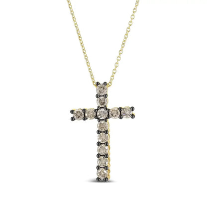 10k Yellow Gold Plated.925 Sterling Silver 1.00 Cttw Traditional Diamond Cross 18’’ Pendant Necklace (champagne