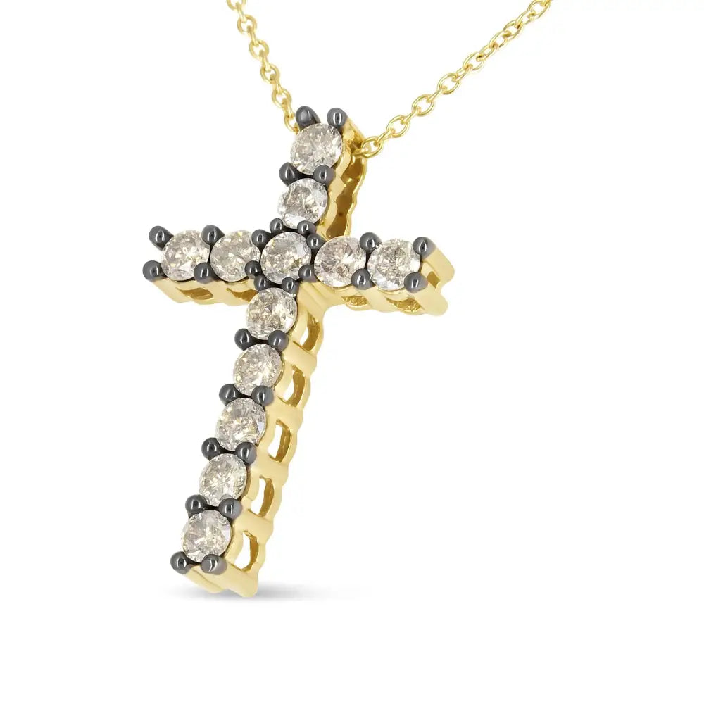 10k Yellow Gold Plated.925 Sterling Silver 1.00 Cttw Traditional Diamond Cross 18’’ Pendant Necklace (champagne