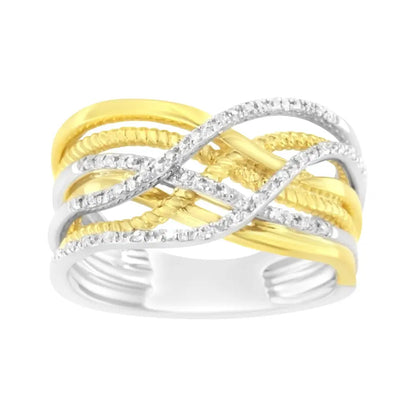 10k Yellow Gold Plated.925 Sterling Silver 1/10 Cttw Diamond Multi Row Crossover Ring Band (i-j Color I1-i2 Clarity)