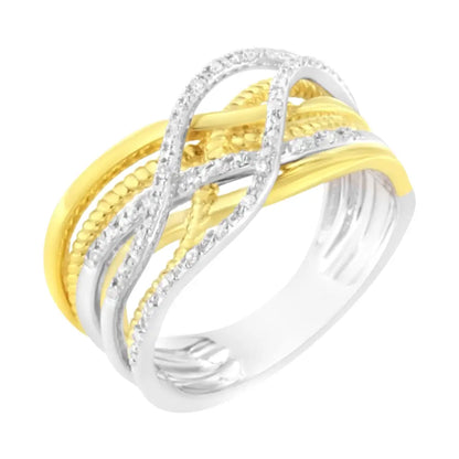 10k Yellow Gold Plated.925 Sterling Silver 1/10 Cttw Diamond Multi Row Crossover Ring Band (i-j Color I1-i2 Clarity)