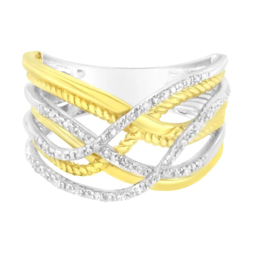 10k Yellow Gold Plated.925 Sterling Silver 1/10 Cttw Diamond Multi Row Crossover Ring Band (i-j Color I1-i2 Clarity)