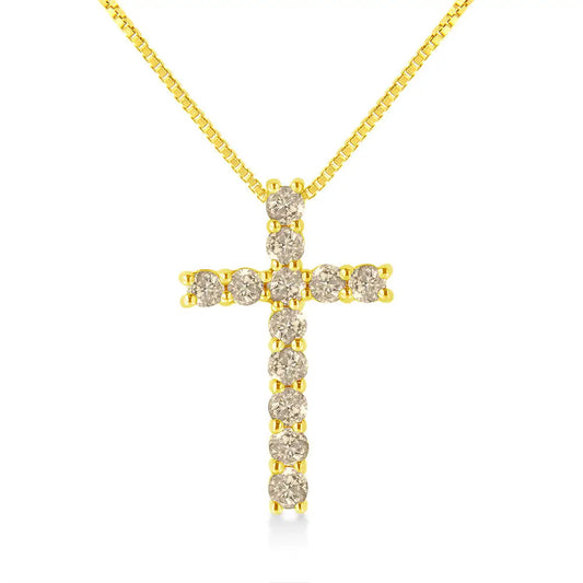 10k Yellow Gold Plated.925 Sterling Silver 1/2 Cttw Fancy Champagne Diamond Cross 18’’ Pendant Necklace (k-l Color