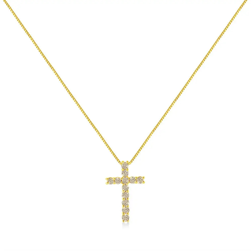 10k Yellow Gold Plated.925 Sterling Silver 1/2 Cttw Fancy Champagne Diamond Cross 18’’ Pendant Necklace (k-l Color