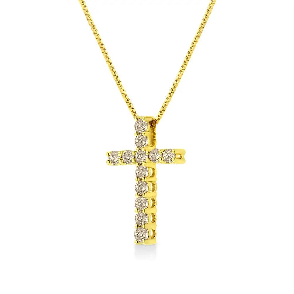 10k Yellow Gold Plated.925 Sterling Silver 1/2 Cttw Fancy Champagne Diamond Cross 18’’ Pendant Necklace (k-l Color