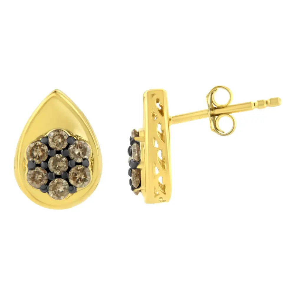 10k Yellow Gold Plated.925 Sterling Silver 1/2 Cttw Prong Set Round-cut Diamond Floral Cluster Stud Earring (champagne