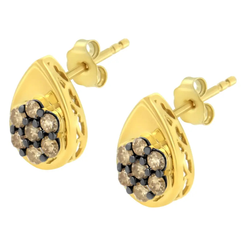 10k Yellow Gold Plated.925 Sterling Silver 1/2 Cttw Prong Set Round-cut Diamond Floral Cluster Stud Earring (champagne