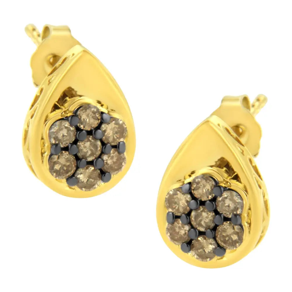 10k Yellow Gold Plated.925 Sterling Silver 1/2 Cttw Prong Set Round-cut Diamond Floral Cluster Stud Earring (champagne