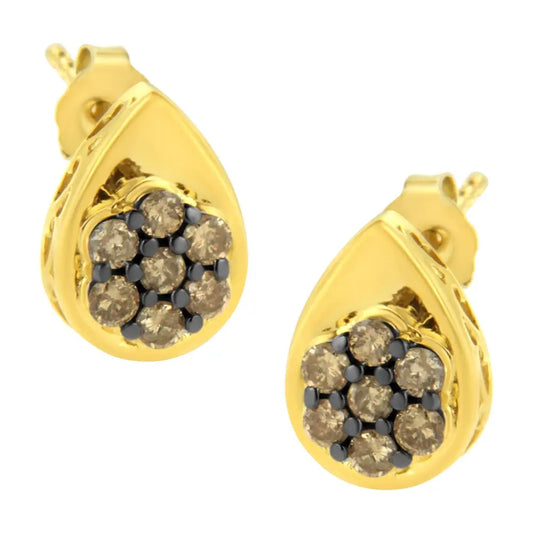 10k Yellow Gold Plated.925 Sterling Silver 1/2 Cttw Prong Set Round-cut Diamond Floral Cluster Stud Earring (champagne