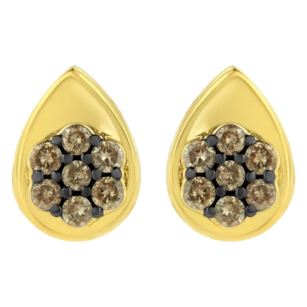 10k Yellow Gold Plated.925 Sterling Silver 1/2 Cttw Prong Set Round-cut Diamond Floral Cluster Stud Earring (champagne