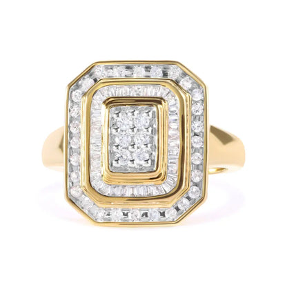 10k Yellow Gold Plated.925 Sterling Silver 1/2 Cttw Round & Baguette Diamond Ring (i-j Color I2-i3 Clarity) - Fine