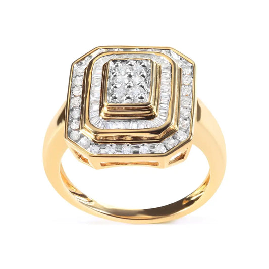 10k Yellow Gold Plated.925 Sterling Silver 1/2 Cttw Round & Baguette Diamond Ring (i-j Color I2-i3 Clarity) - Fine