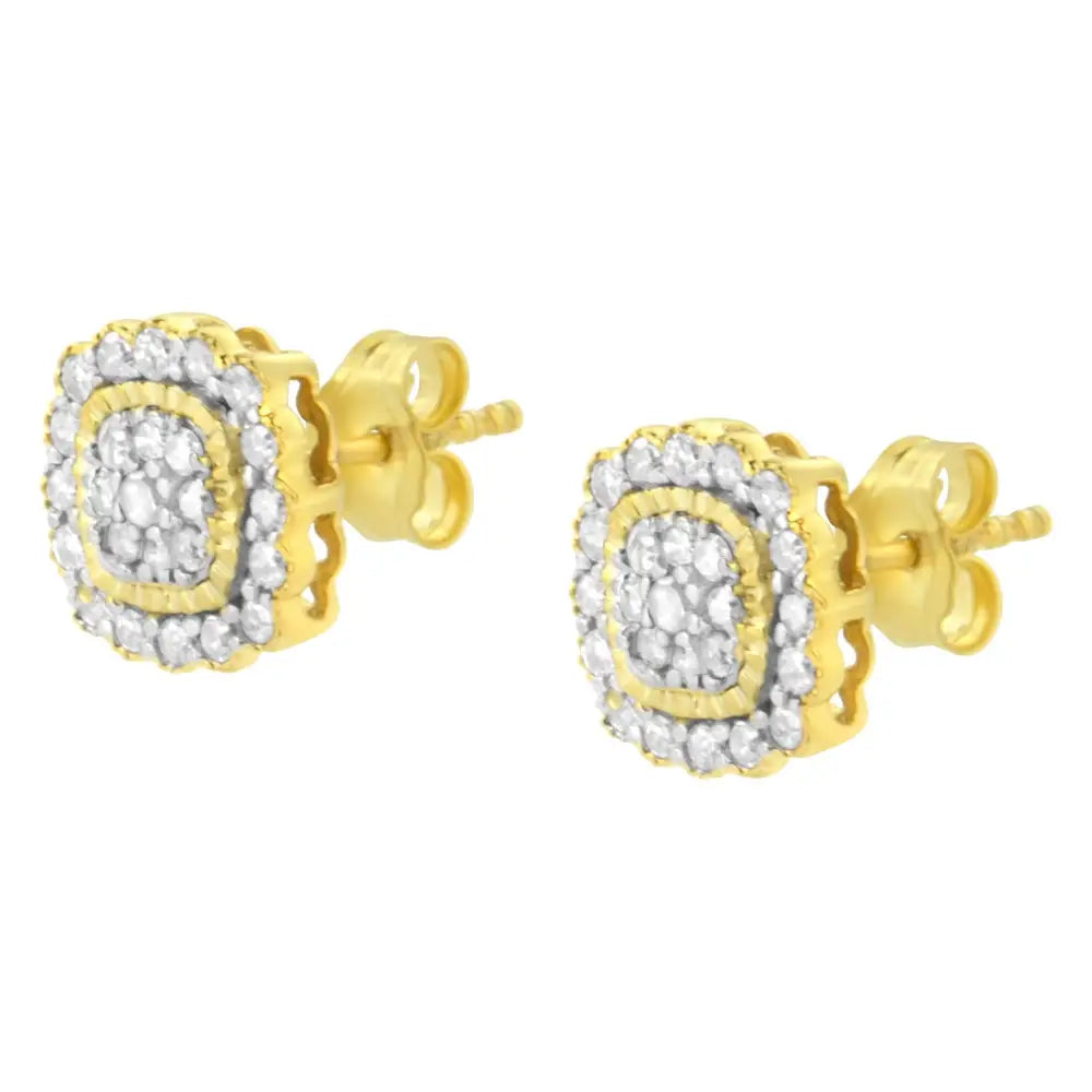 10k Yellow Gold Plated.925 Sterling Silver 1/2 Cttw Round-cut Diamond Halo Sunburst Stud Earrings (i-j Color I2-i3