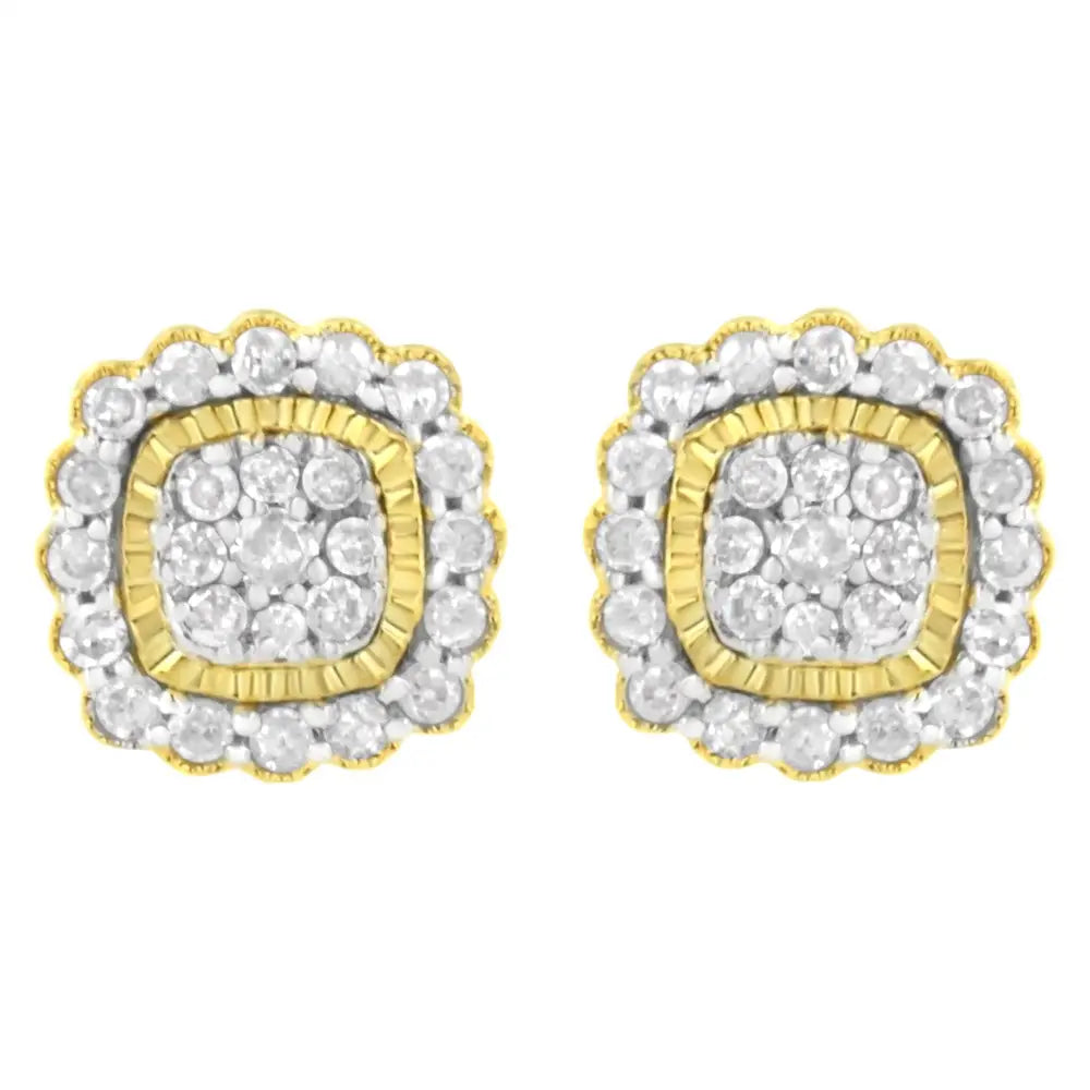 10k Yellow Gold Plated.925 Sterling Silver 1/2 Cttw Round-cut Diamond Halo Sunburst Stud Earrings (i-j Color I2-i3