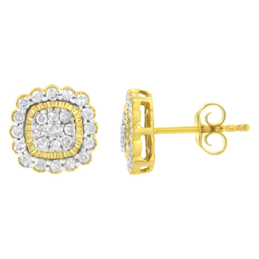 10k Yellow Gold Plated.925 Sterling Silver 1/2 Cttw Round-cut Diamond Halo Sunburst Stud Earrings (i-j Color I2-i3