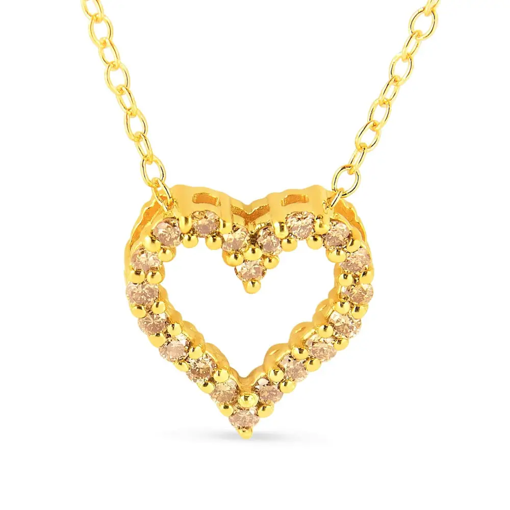 10k Yellow Gold Plated.925 Sterling Silver 1/4 Cttw Champagne Diamond Heart 18’’ Pendant Necklace (champagne Color