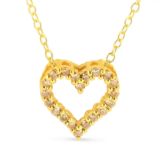 10k Yellow Gold Plated.925 Sterling Silver 1/4 Cttw Champagne Diamond Heart 18’’ Pendant Necklace (champagne Color