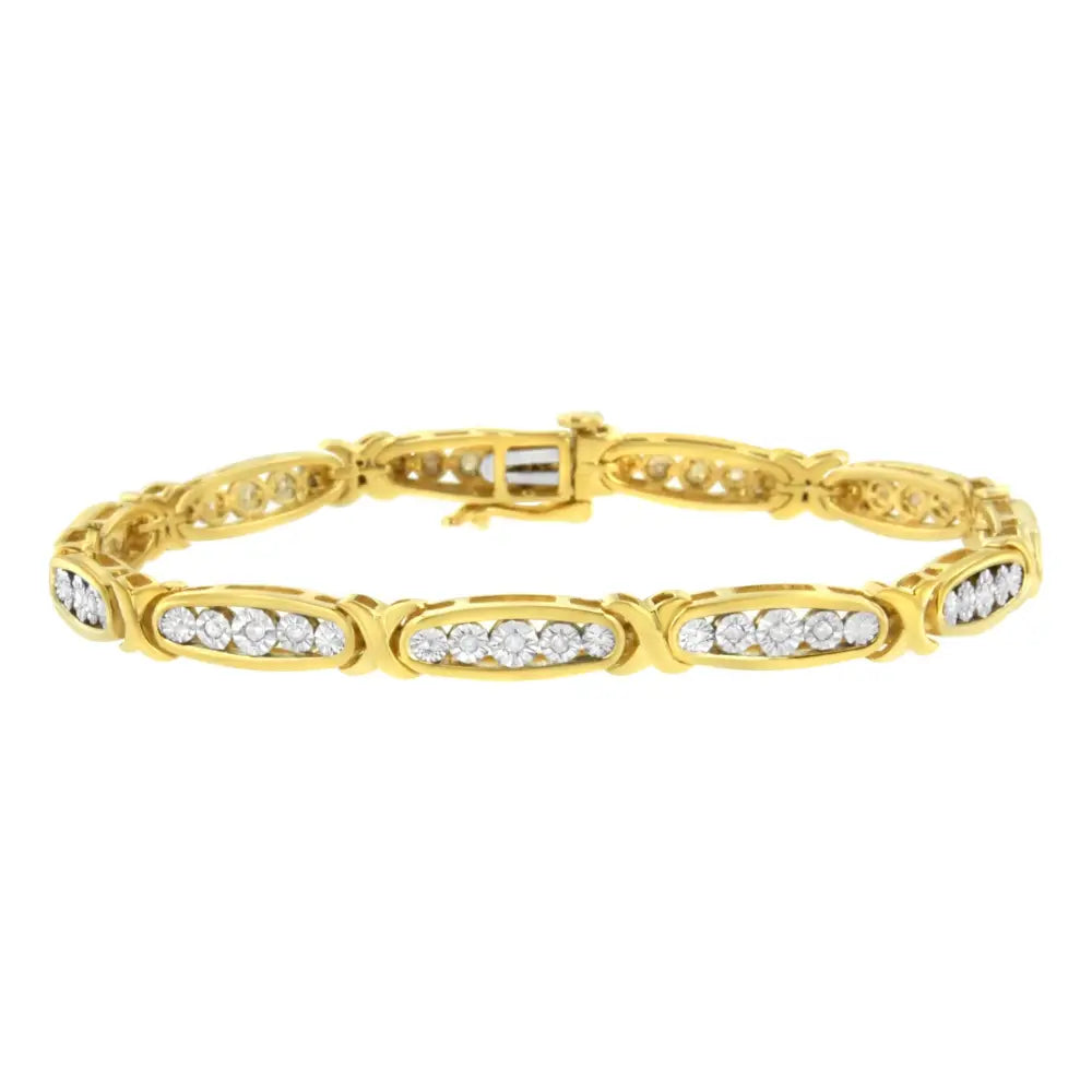 10k Yellow Gold Plated.925 Sterling Silver 1/4 Cttw Channel Set Round Diamond x Link Bracelet (i-j Color I2-i3 Clarity)