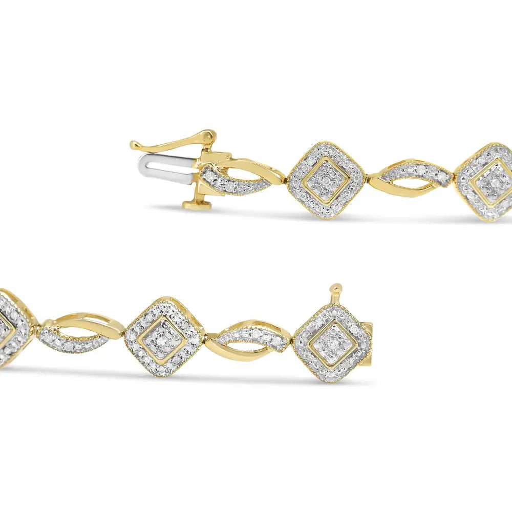 10k Yellow Gold Plated.925 Sterling Silver 1/4 Cttw Diamond Alternating Art Deco Square and Swirl Link 7.25’’