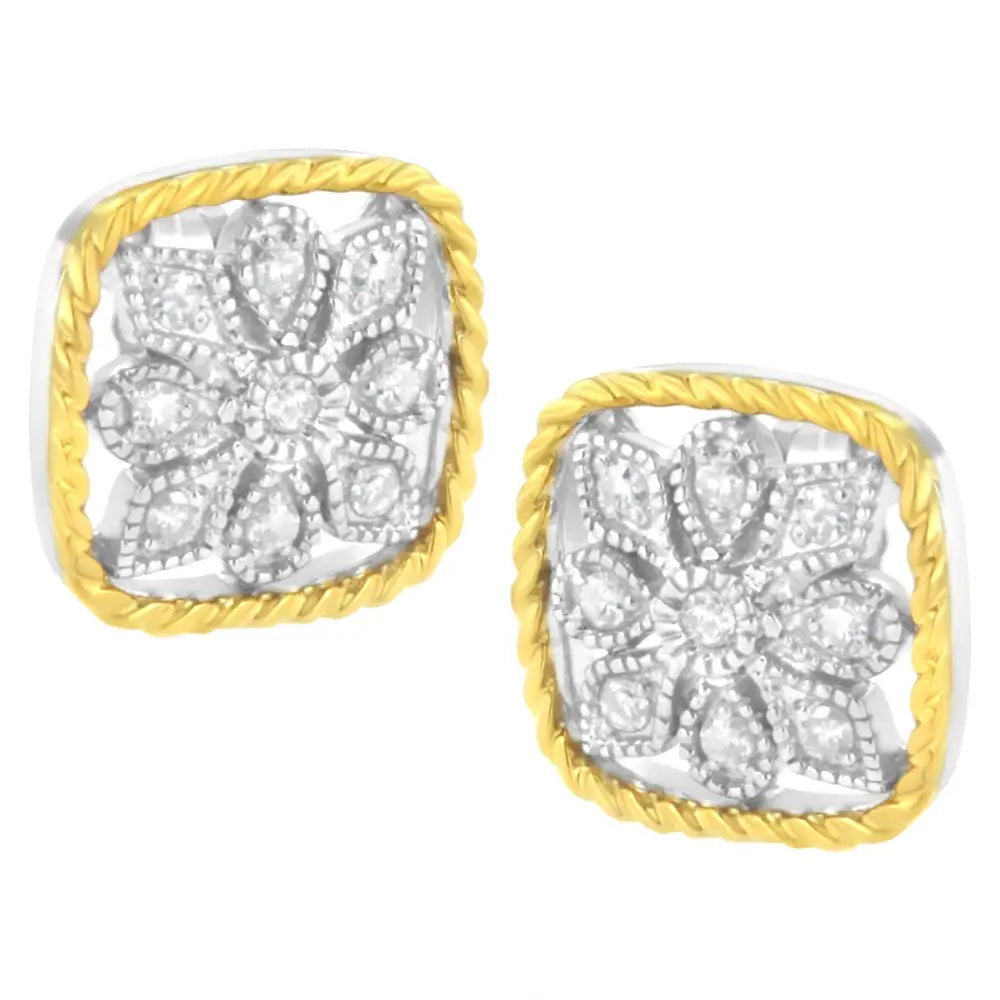 10k Yellow Gold Plated.925 Sterling Silver 1/4 Cttw Diamond ?Flower in a Box’ Stud Earrings (i-j Color I2-i3 Clarity)