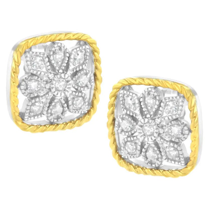 10k Yellow Gold Plated.925 Sterling Silver 1/4 Cttw Diamond ?Flower in a Box’ Stud Earrings (i-j Color I2-i3 Clarity)