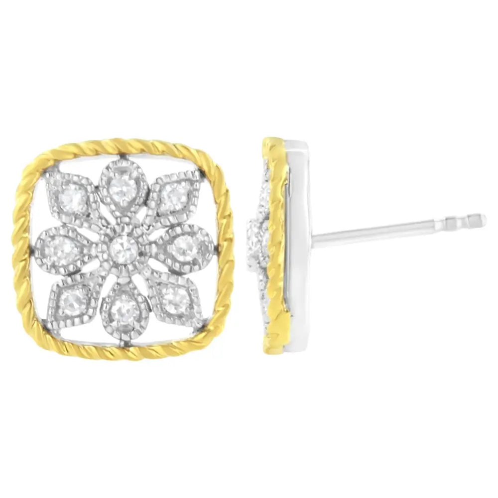 10k Yellow Gold Plated.925 Sterling Silver 1/4 Cttw Diamond ?Flower in a Box’ Stud Earrings (i-j Color I2-i3 Clarity)