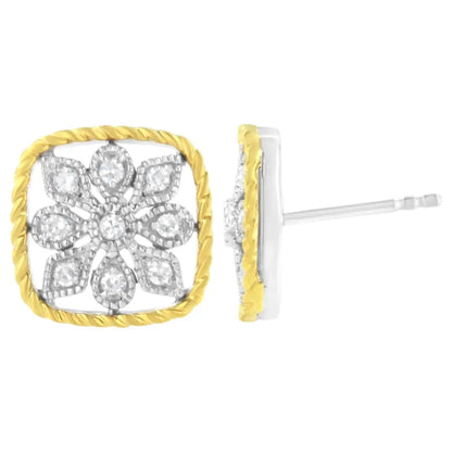 10k Yellow Gold Plated.925 Sterling Silver 1/4 Cttw Diamond ?Flower in a Box’ Stud Earrings (i-j Color I2-i3 Clarity)